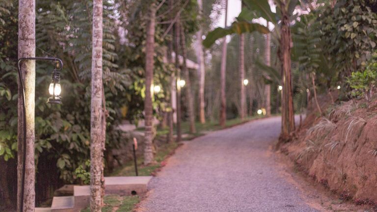 Illuminated driveway to Aarunya Nature Resort Kandy
