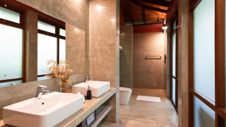 Dual sinks in villa bathroom at Aarunya Resort