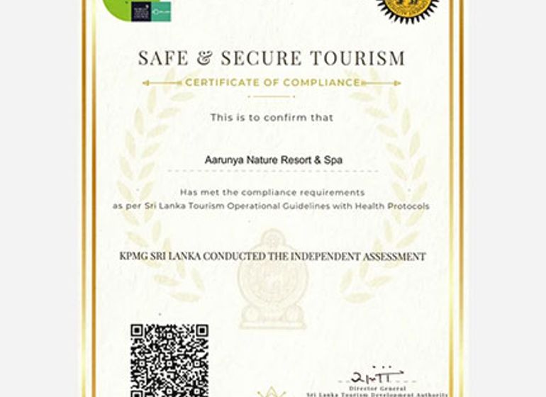 Safe & Secure Certification 2022 received by Aarunya Nature Resort 