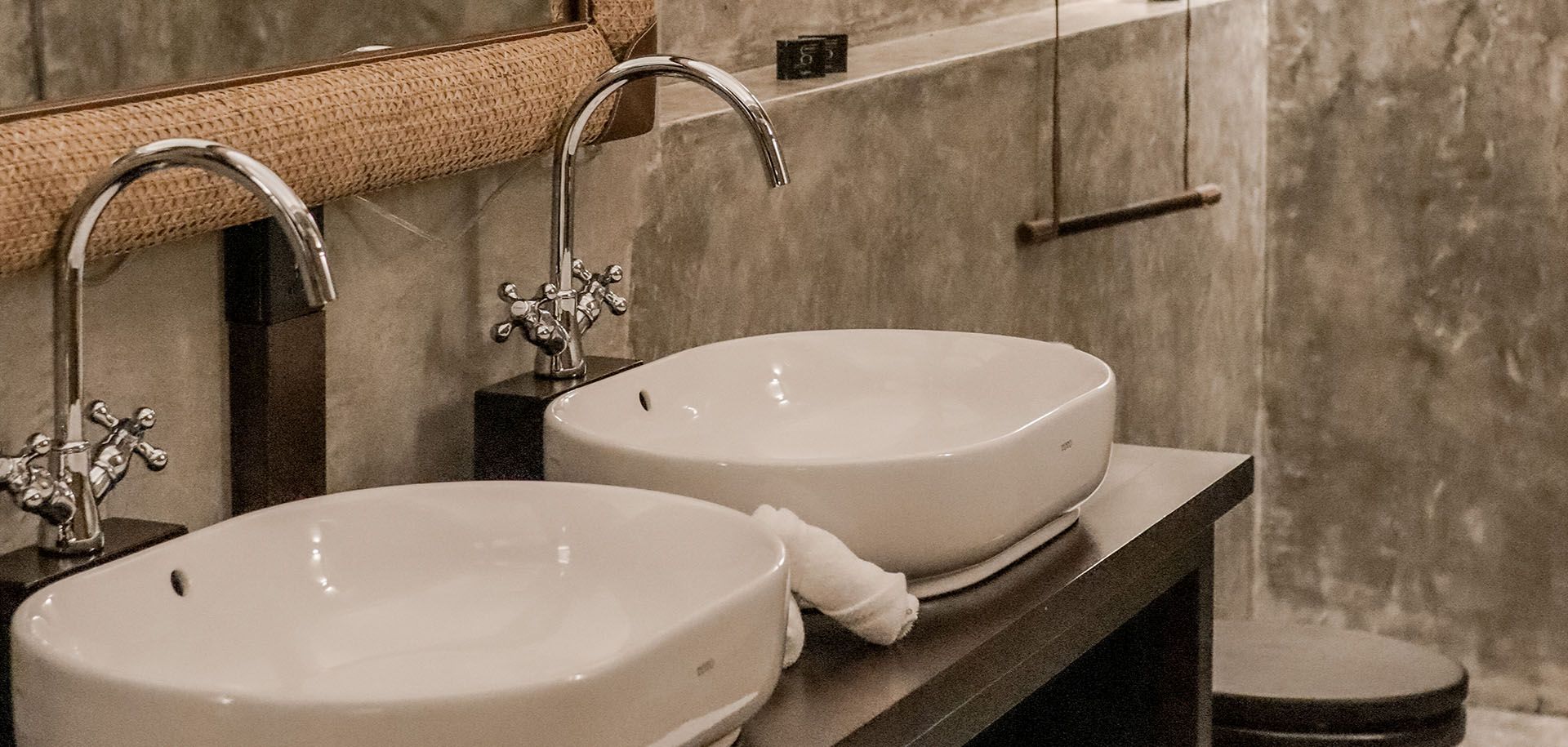 Dual sinks in villa bathroom at Aarunya Resort