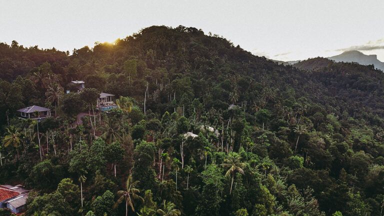 View of Aarunya Nature Resort in the hills at sunrise