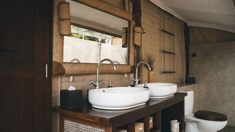 Dual sinks in villa bathroom at Aarunya Resort