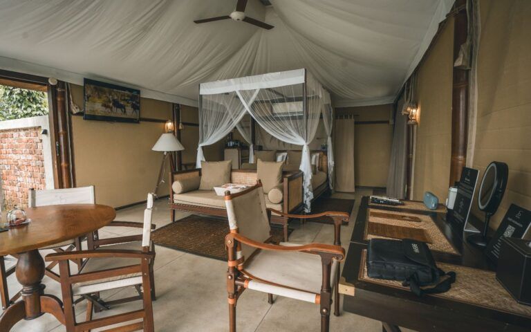 Wide angle interior view of Sky Tented Villa at Aarunya Resort