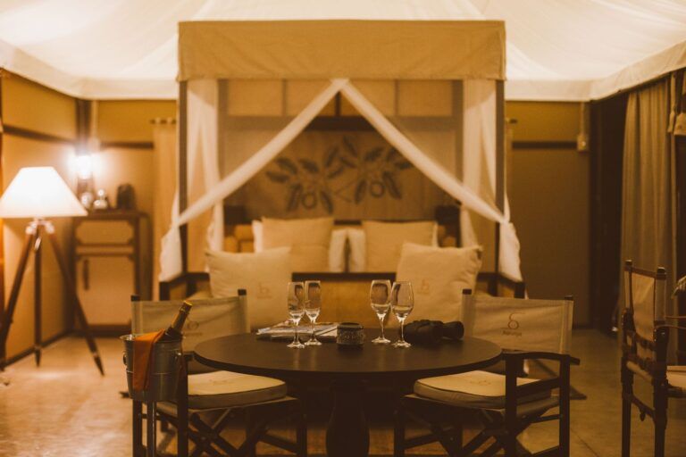 Interior nighttime view of Sky Tented Villa at Aarunya Resort