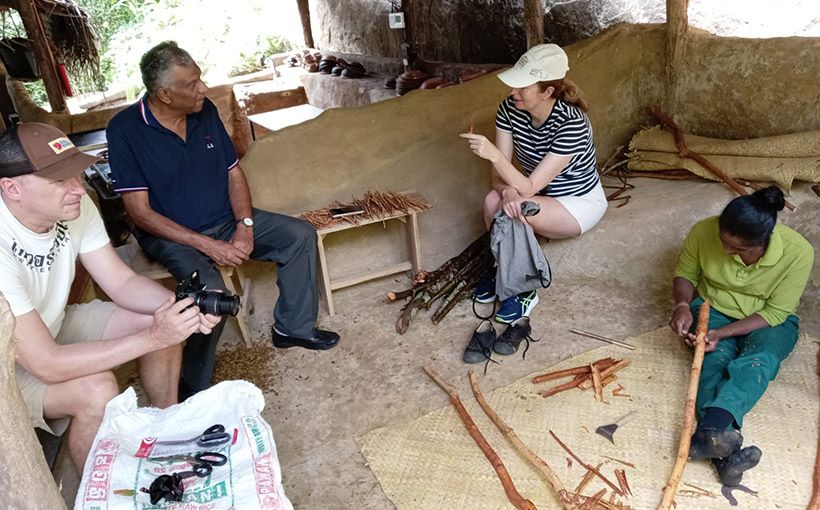 Cinnamon peeling session guided by a local expert at Aarunya Estate