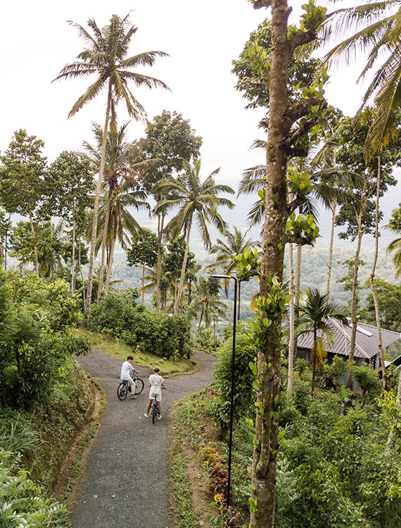 Sky view of a couple cycling through the scenic hills at Aarunya Nature Resort