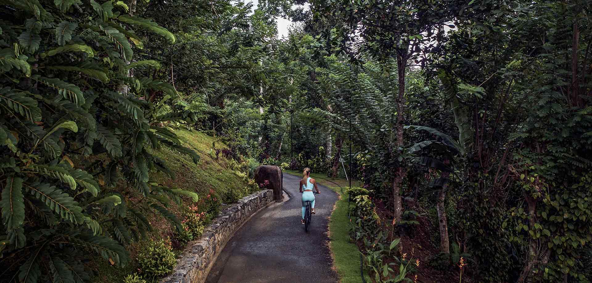 Guest cycling along scenic trails at Aarunya Nature Resort