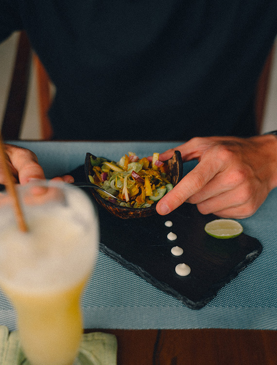 Salad served in a coconut shell at Aarunya Nature Resort